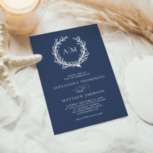 Navy Blue Beach Monogram Minimal Wedding Einladung