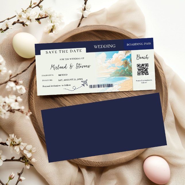 Navy Blue Beach Nautical Boarding Pass Hochzeit Save The Date (Von Creator hochgeladen)