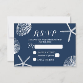 Navy Blue Beach Theme Seashells Wedding RSVP Karte