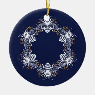 Navy Blue Bee Circle Keramik Ornament