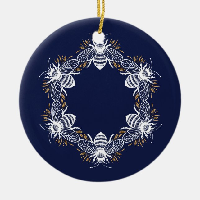 Navy Blue Bee Circle Keramik Ornament (Vorne)