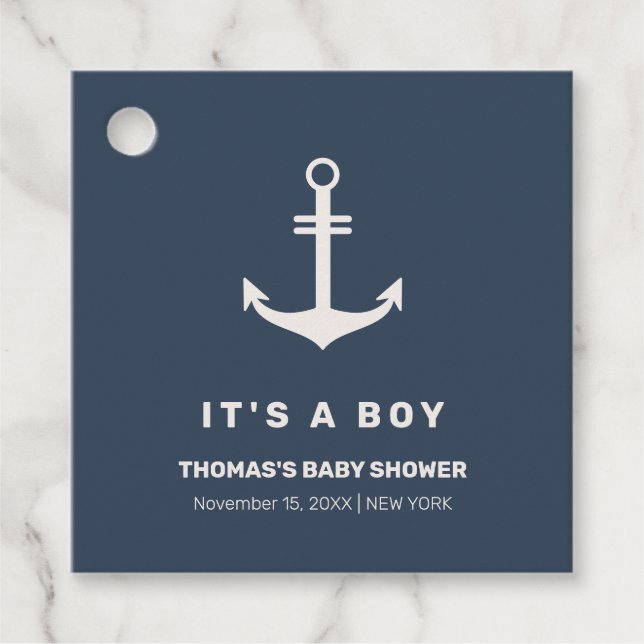 Navy Blue Beige Nautical Anchor Baby Dusche Geschenkanhänger (Vorderseite)