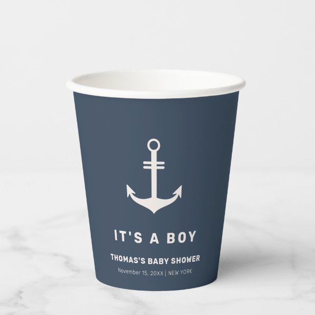 Navy Blue Beige Nautical Anchor Baby Dusche Pappbecher (Vorderseite)