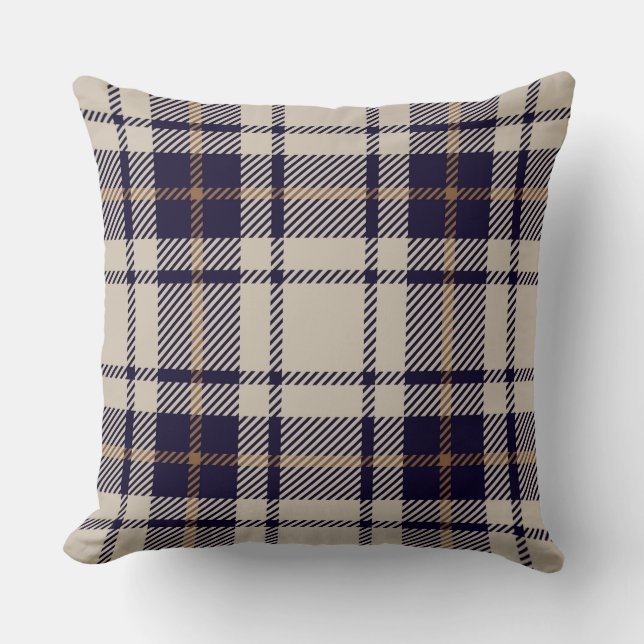Navy Blue Beige Scottish Tartan Kariertes Muster Kissen (Vorderseite)