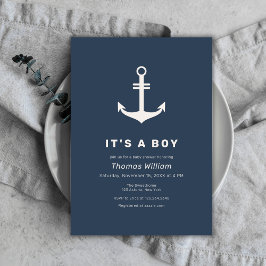Navy Blue Beige Simple Nautical Anchor Baby Dusche Einladung