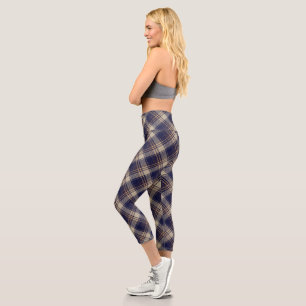 Navy Blue Beige Tartan Karierte Raute Muster Capri Leggings