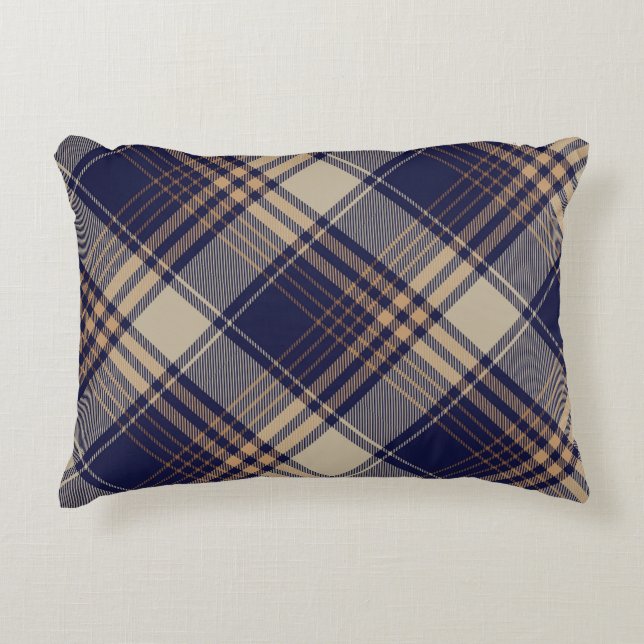 Navy Blue Beige Tartan Karierte Raute Muster Dekokissen (Vorderseite)