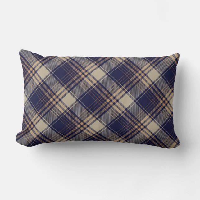 Navy Blue Beige Tartan Karierte Raute Muster  Lendenkissen (Vorderseite)