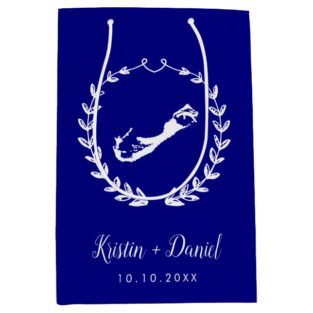 Navy Blue Bermuda Map Wedding Welcome Swag Mittlere Geschenktüte (Vorderseite)