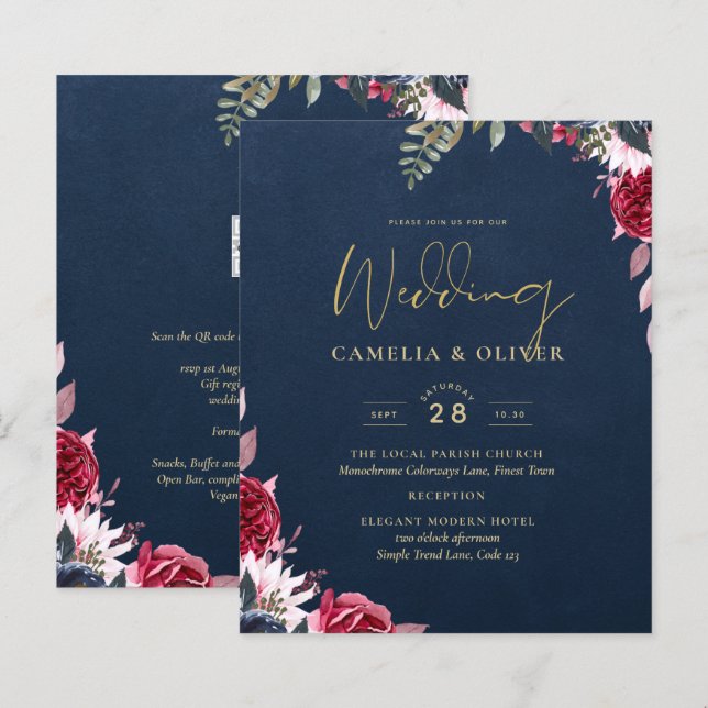 Navy Blue Berry Floral Burgundy Winter Fall (Vorne/Hinten)