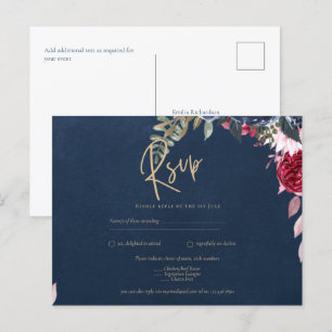 Navy Blue Berry Floral Burgundy Winter Fall Postkarte