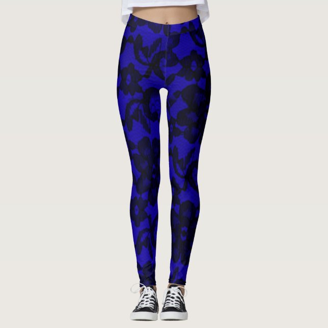 Navy Blue & Black Elegant Lace Spandex Leggings (Vorderseite)