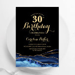 Navy Blue Black Gold Agate 30. Geburtstag Einladung<br><div class="desc">Marineblau,  Schwarz und Gold gehen 30. Geburtstag Party Einladung. Elegantes modernes Design mit königsblauen Aquarellfarben,  marmorgeode Hintergrund,  Imitats Glitzer Gold und Typografie Drehbuch Schriftart. Die trendige Einladungskarte eignet sich perfekt für eine stilvolle Damenfeier. Gedruckte Zazzle Einladungen oder Sofortdownload digitalen druckbaren Vorlage.</div>