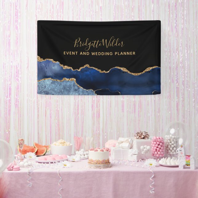 Navy Blue Black Gold Foil Agate Event Plane Banner (Party)
