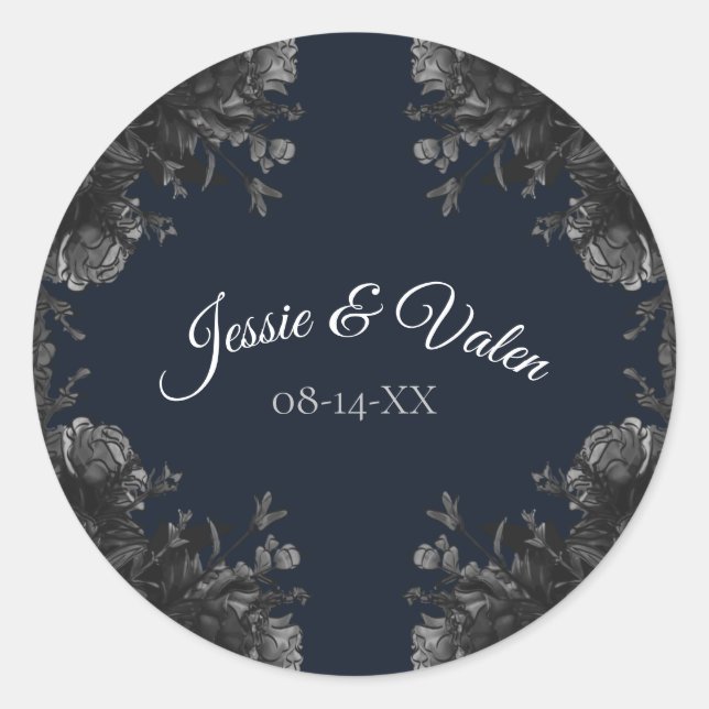 Navy Blue Black Gray Rose Gothic Wedding Runder Aufkleber (Vorderseite)