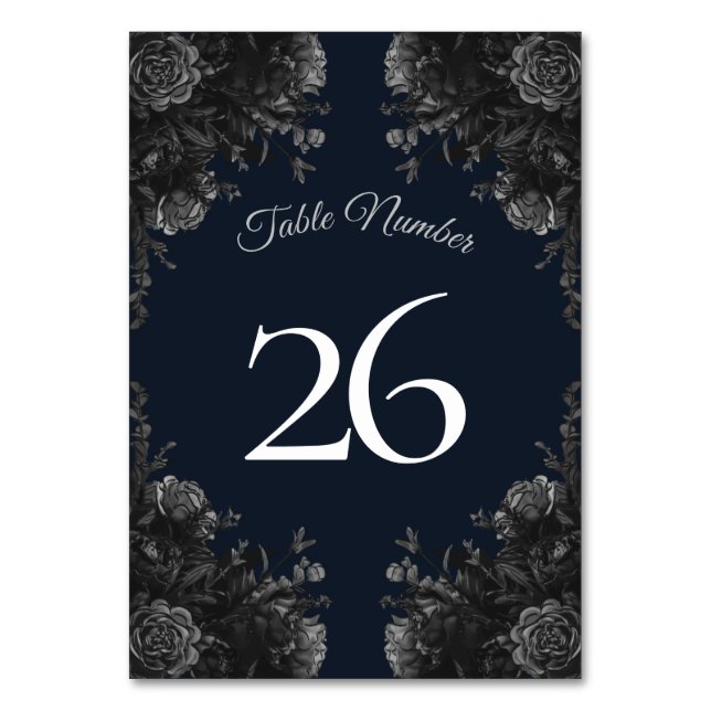 Navy Blue Black Gray Rose Gothic Wedding Tischnummer (Rückseite)