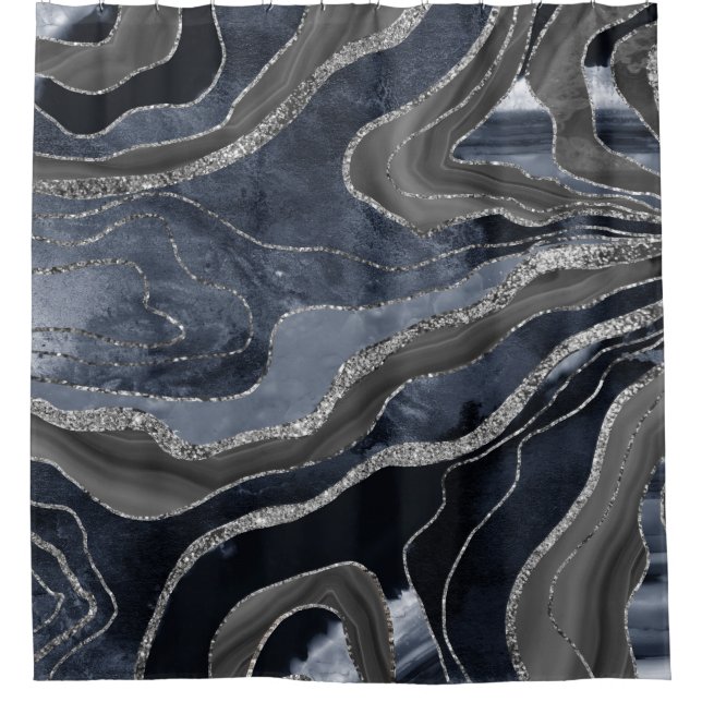 Navy Blue Black Marble Agate Silver Glitzer Glam Duschvorhang (Vorderseite)
