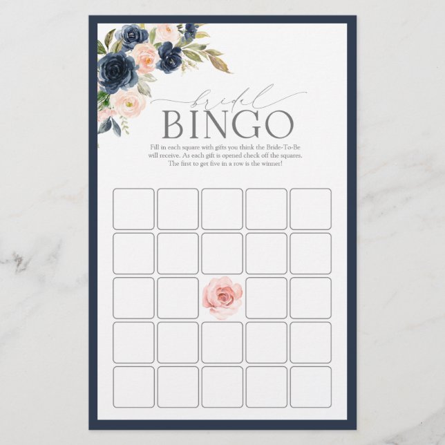 Navy Blue Blink Pink Floral Bridal Bingo Spiel (Vorderseite)