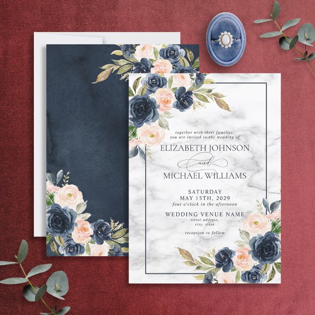 Navy Blue Blink Pink Floral Watercolor Script Einladung (Von Creator hochgeladen)