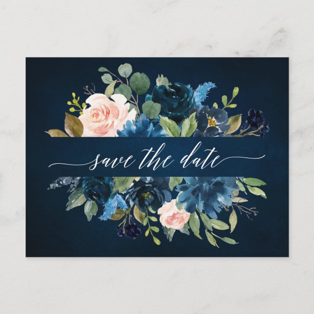 Navy Blue Blink Pink Rose Boho Save the Date Ankündigungspostkarte (Vorderseite)