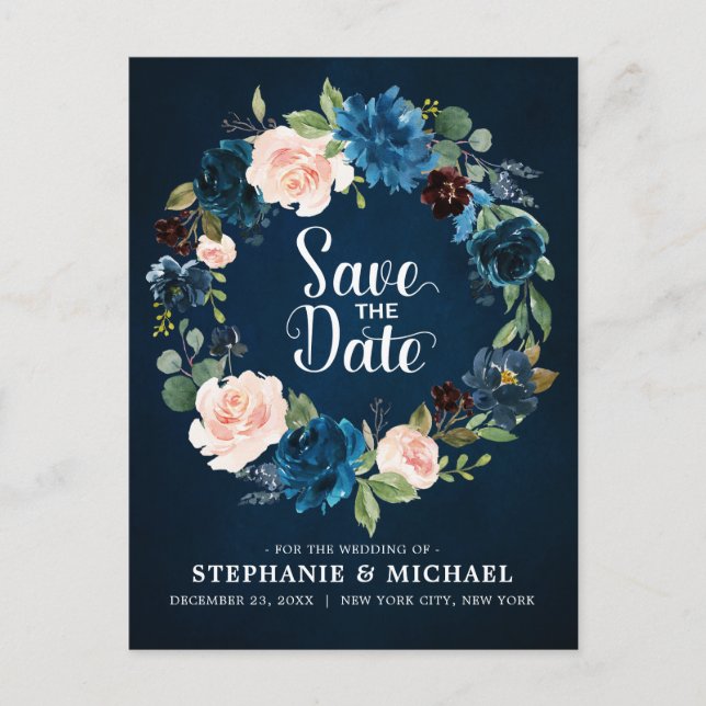 Navy Blue Blink Pink Rose Boho Save the Date Ankündigungspostkarte (Vorderseite)