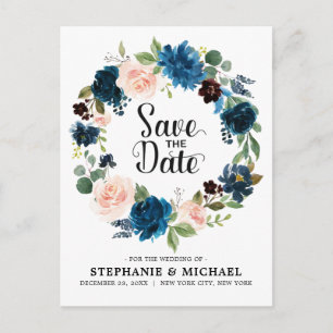 Navy Blue Blink Pink Rose Boho Save the Date Ankündigungspostkarte