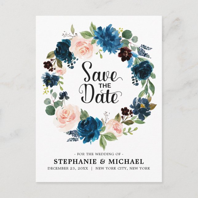 Navy Blue Blink Pink Rose Boho Save the Date Ankündigungspostkarte (Vorderseite)