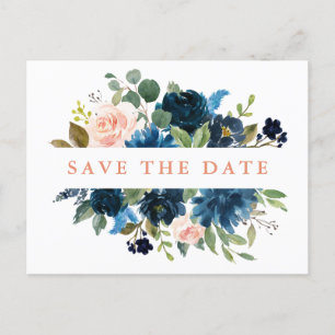 Navy Blue Blink Pink Rose Boho Save the Date Ankündigungspostkarte