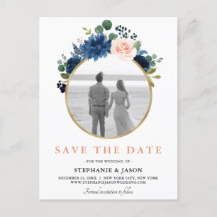 Navy Blue Blink Pink Rose Boho Save the Date Ankündigungspostkarte