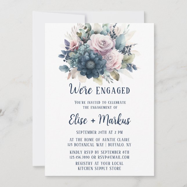 Navy Blue Blink Pink Roses Engagement Party Einladung (Vorderseite)