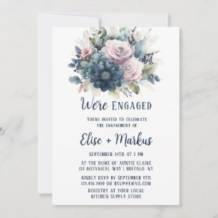 Navy Blue Blink Pink Roses Engagement Party Einladung