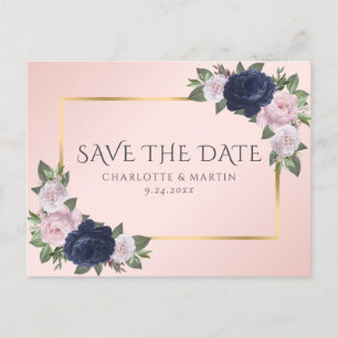 Navy Blue Blu Rosa Blütenpinsel Save the Date Ankündigungspostkarte