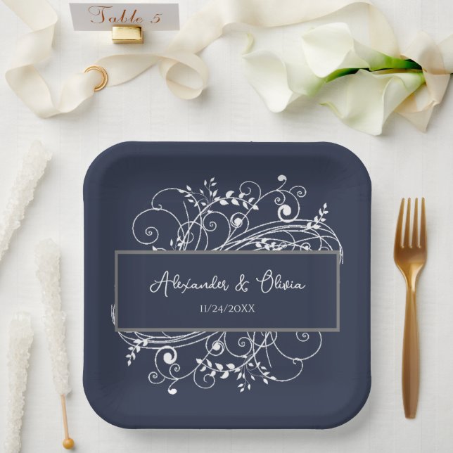 Navy Blue Blüh Polterabend Paper Teller (Hochzeit)