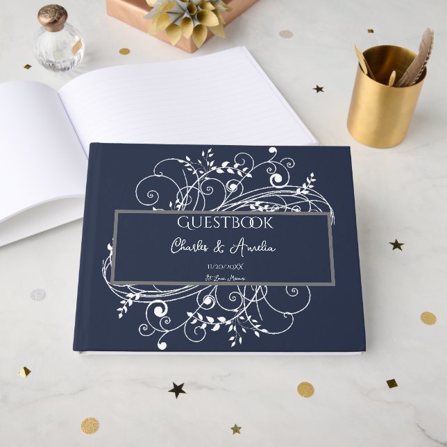 Navy Blue Blüh Wedding Guest Book Gästebuch (Vorderseite Offen)