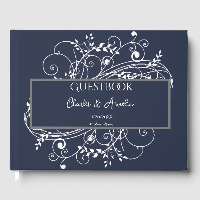 Navy Blue Blüh Wedding Guest Book Gästebuch (Vorderseite)