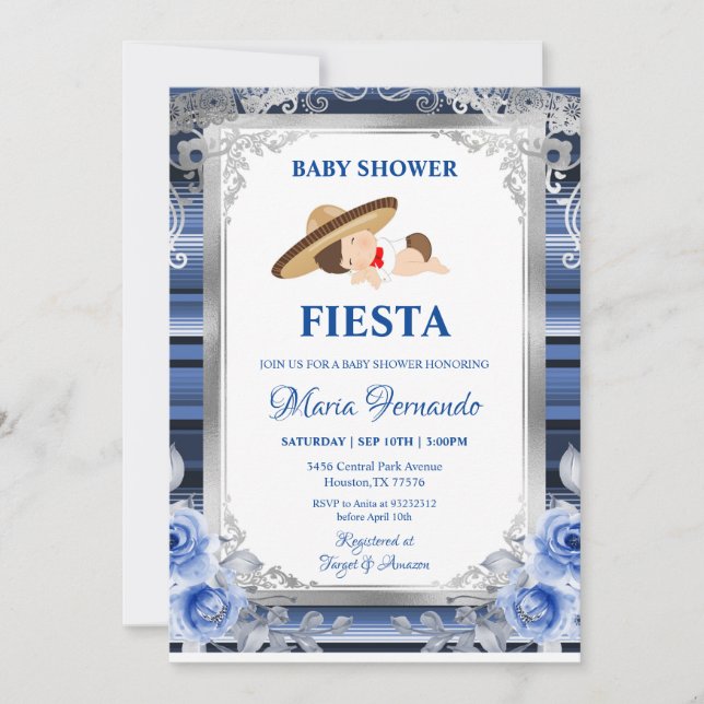 Navy Blue Blume Mexican Baby Shower Fiesta  Einladung (Vorderseite)
