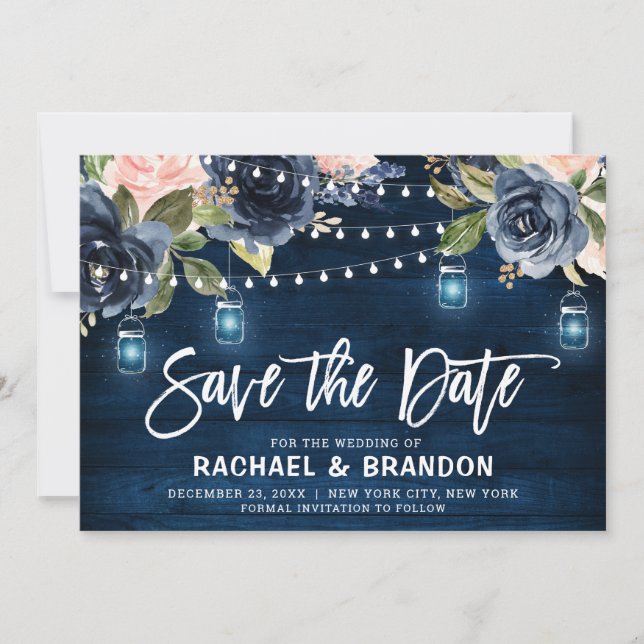 Navy Blue Blush Blues Streichlicht Save the Date (Vorderseite)