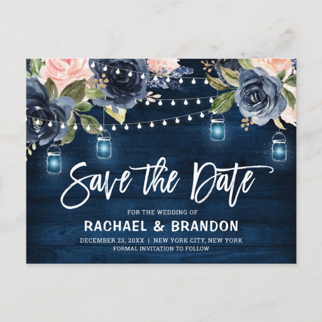 Navy Blue Blush Blues Streichlicht Save the Date Postkarte (Vorderseite)