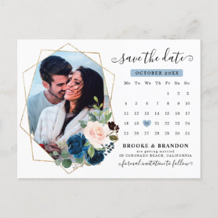 Navy Blue Blush Blumenkalender Save the Date Postkarte