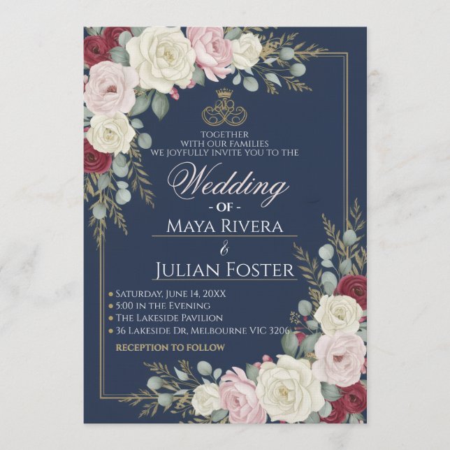 Navy Blue Blush Burgundy Floral Gold Frame Wedding Einladung (Vorderseite)