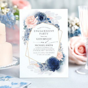 Navy Blue Blush Dusty Pink Floral Engagement Party Einladung