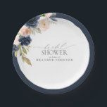 Navy Blue & Blush Floral Watercolor Bridal Shower Pappteller<br><div class="desc">Dieses trendige Design ist eine einzigartige Papiertafel aus Brautparty und besticht durch einen in Marineblau und Rosa blauen Blume. Personalisieren Sie Ihre Brautparty-Details in weichem Offschwarz, betont mit einer schönen modernen handgeschriebenen Kalligraphie. Teil einer koordinierten Suite. Die vollständige Sammlung finden Sie hier: https://www.zazzle.com/collections/navy_blue_blush_floral_watercolor_bridal_shower-119055669272624939 Kontakt-Designer für weitere Produkte. Copyright Elegant Invites,...</div>