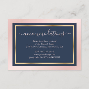 Navy Blue Blush Gold Wedding Hotel Unterkunft Begleitkarte