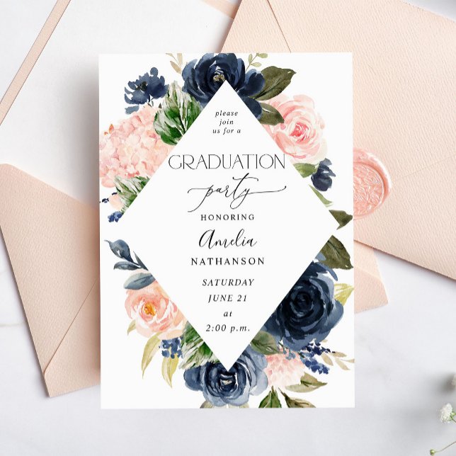 Navy Blue & Blush Pink Blues Graduation Party Einladung (Von Creator hochgeladen)