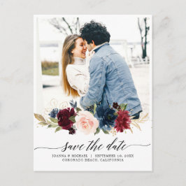 Navy Blue Blush Pink Burgundy Foto Save the Date Postkarte