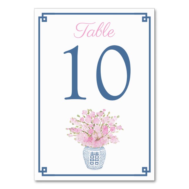 Navy Blue & Blush Pink Chinoiserie Chic Wedding Tischnummer (Vorderseite)