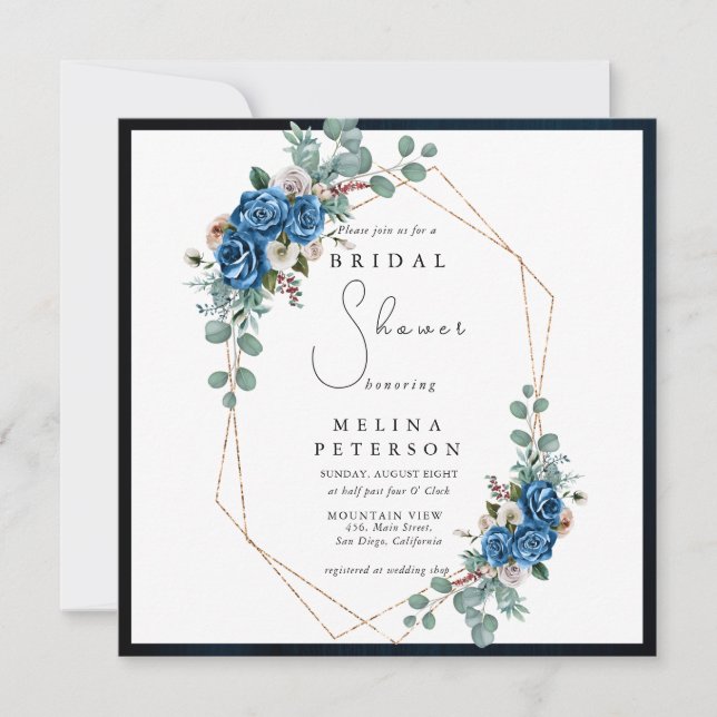 Navy Blue Blush Pink Dusty Bloral Brautparty Einladung (Vorderseite)