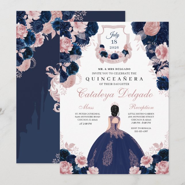 Navy Blue & Blush Pink Floral Elegante Quinceañera Einladung (Vorne/Hinten)