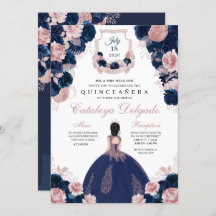 Navy Blue & Blush Pink Floral Elegante Quinceañera