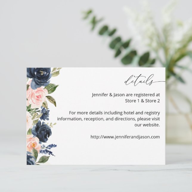Navy Blue & Blush Pink Floral MED Umschließungskar Begleitkarte (Stehend Vorderseite)